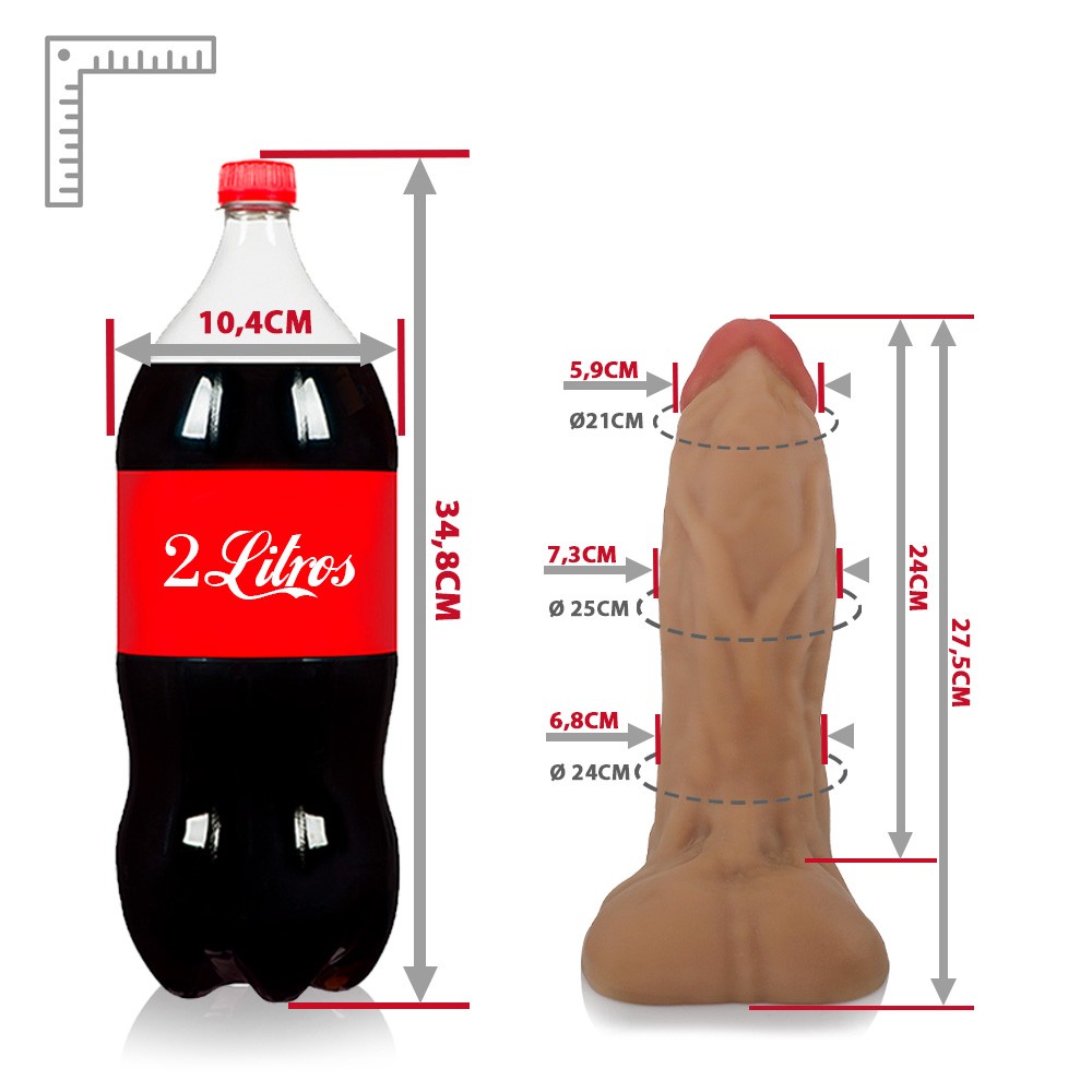 Vista lateral do p�nis gigante e grosso flex�vel com escroto na cor bege, evidenciando o design anat�mico e o detalhe do escroto
