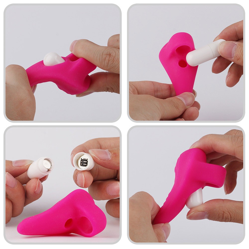 Dedeira Estimuladora em Silicone com Vibro Finger Pink mostrando os passos de como inserir a bateria, destacando sua funcionalidade e facilidade de uso.