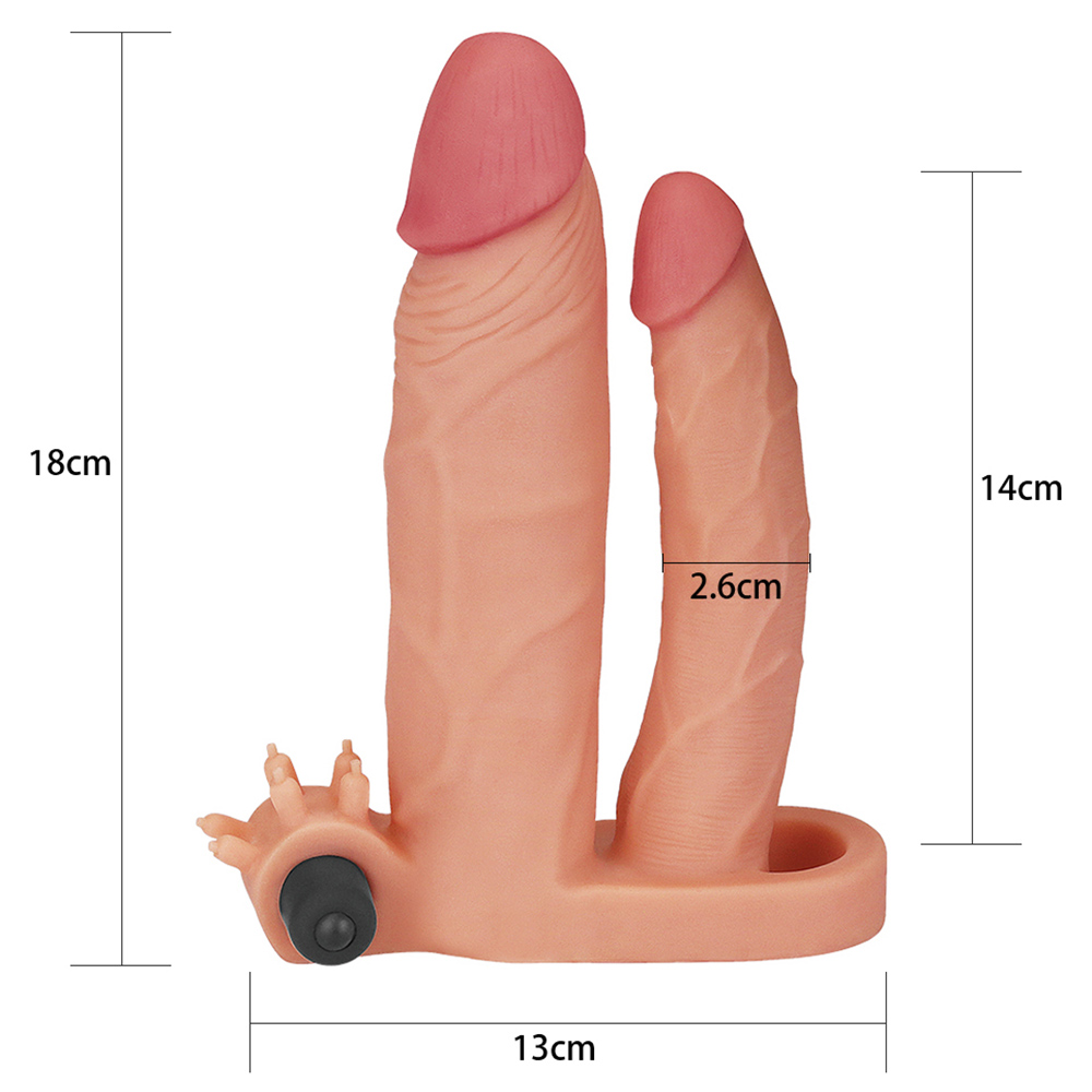 Capa Peniana com Extensor, Vibrador e Anel Companheiro 18,4 x 3,8cm Bege - Angulo superior, evidenciando o design ergonomico