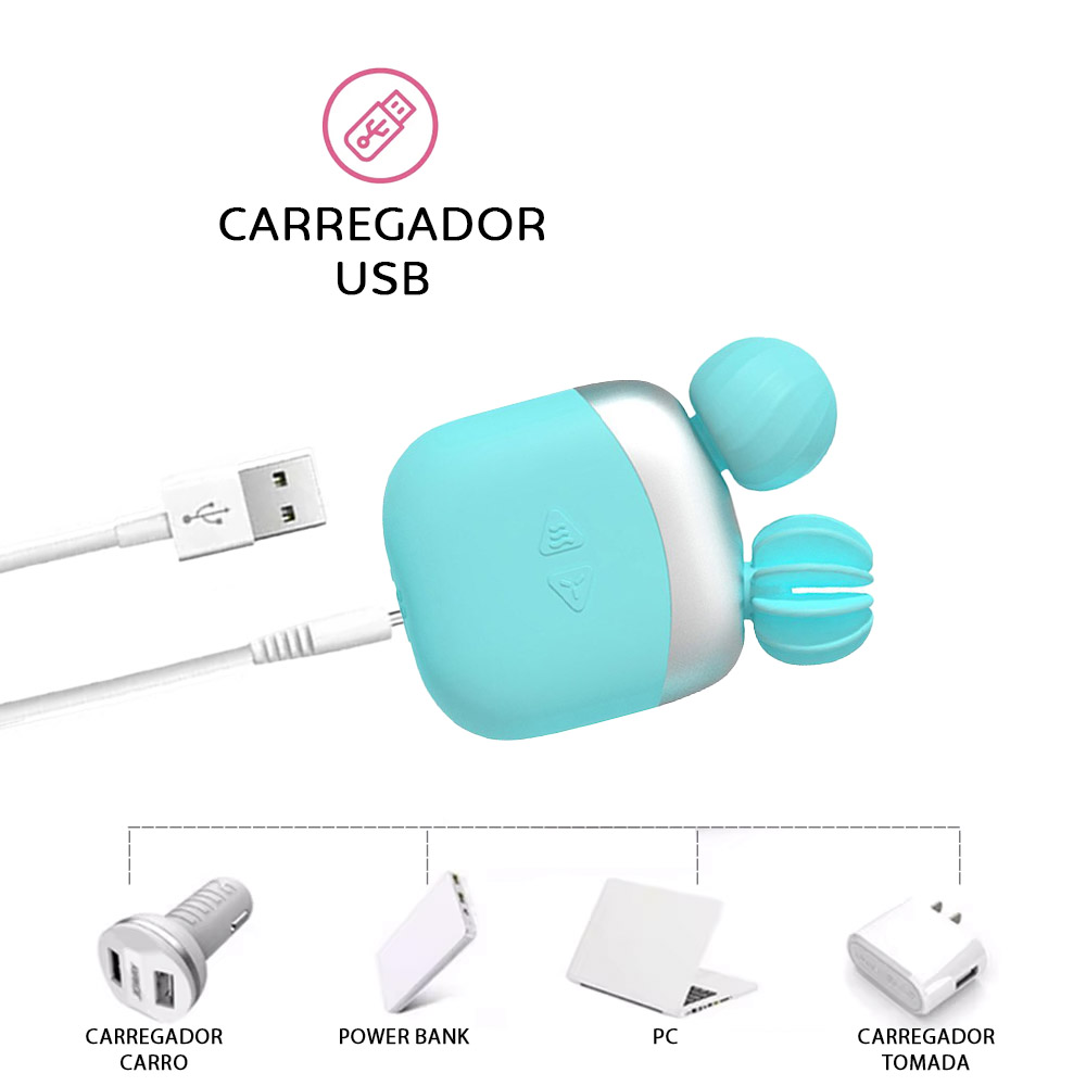 Estimulador de Clit�ris e Mamilo Cyan em fundo cinza com detalhes de uso