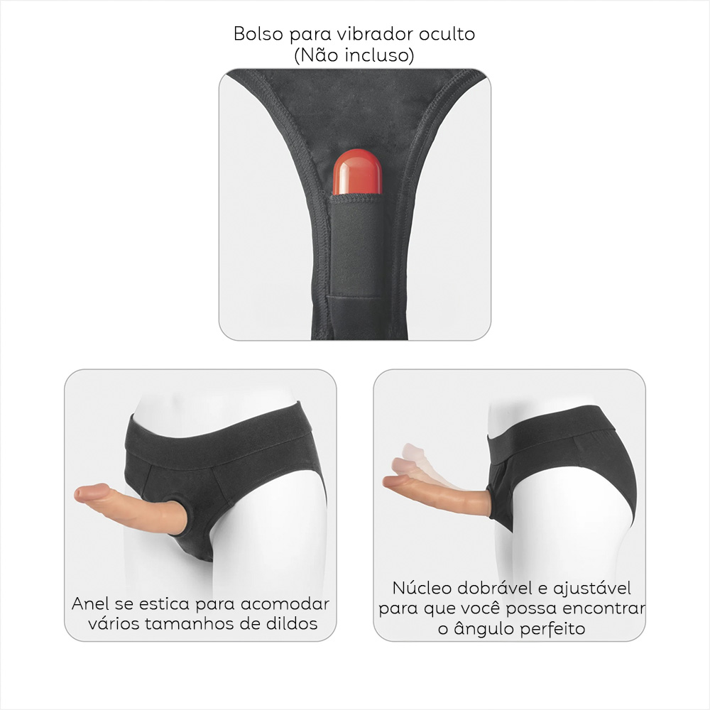 Detalhe do p�nis real�stico bege com v�rtebras da cinta peniana em formato de cueca preta, mostrando a flexibilidade