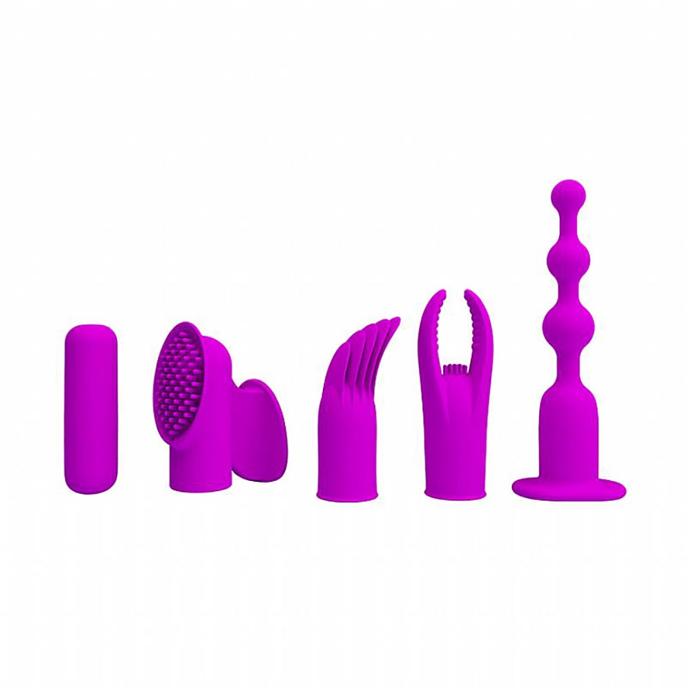 Kit Estimulador em Silicone Recarreg�vel Joys Collection Pink com as quatro ponteiras e o estimulador em silicone, visto de lado.