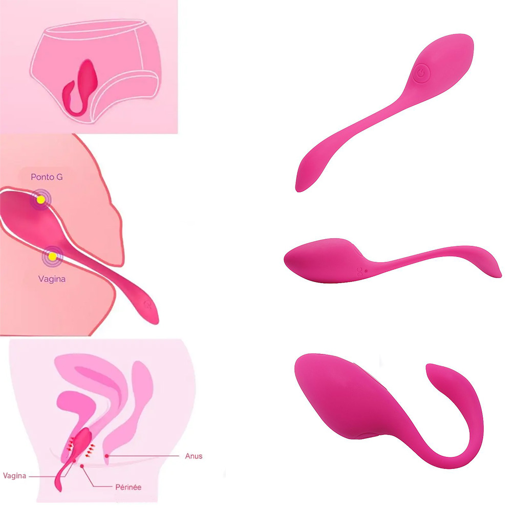 Vibrador para Casal Ruby Pink - Diagramas de uso em calcinha, estimula��o do ponto G e uso interno/externo com vista lateral do produto