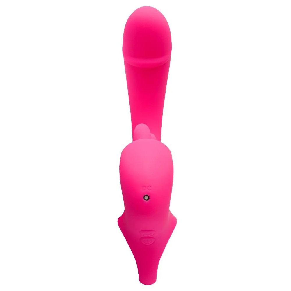 Vibrador duplo Suri pink em vista traseira, mostrando detalhes do compartimento de carga USB