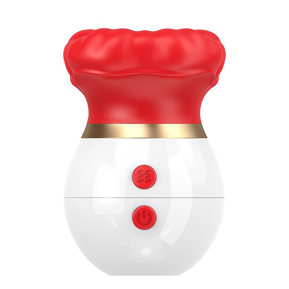 Sugador para Clit�ris Silicone Recarreg�vel em posi��o vertical exibindo a parte superior de suc��o vermelha em formato de l�bios e a base branca com bot�es de controle