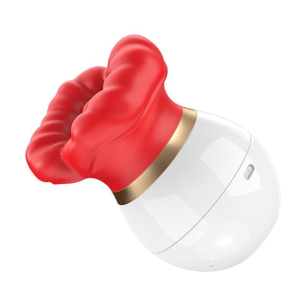 Sugador para Clit�ris Silicone Recarreg�vel em vista diagonal frontal, exibindo o bocal de suc��o vermelho texturizado e o corpo branco com bot�es de controle vermelhos para suc��o e vibra��o.