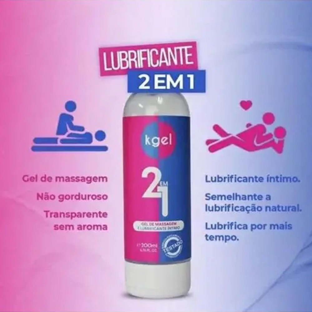 Lubrificante Kgel 2 em 1 destacando as fun��es de gel de massagem e lubrificante �ntimo, caracter�sticas como n�o gorduroso, sem aroma e lubrifica��o natural