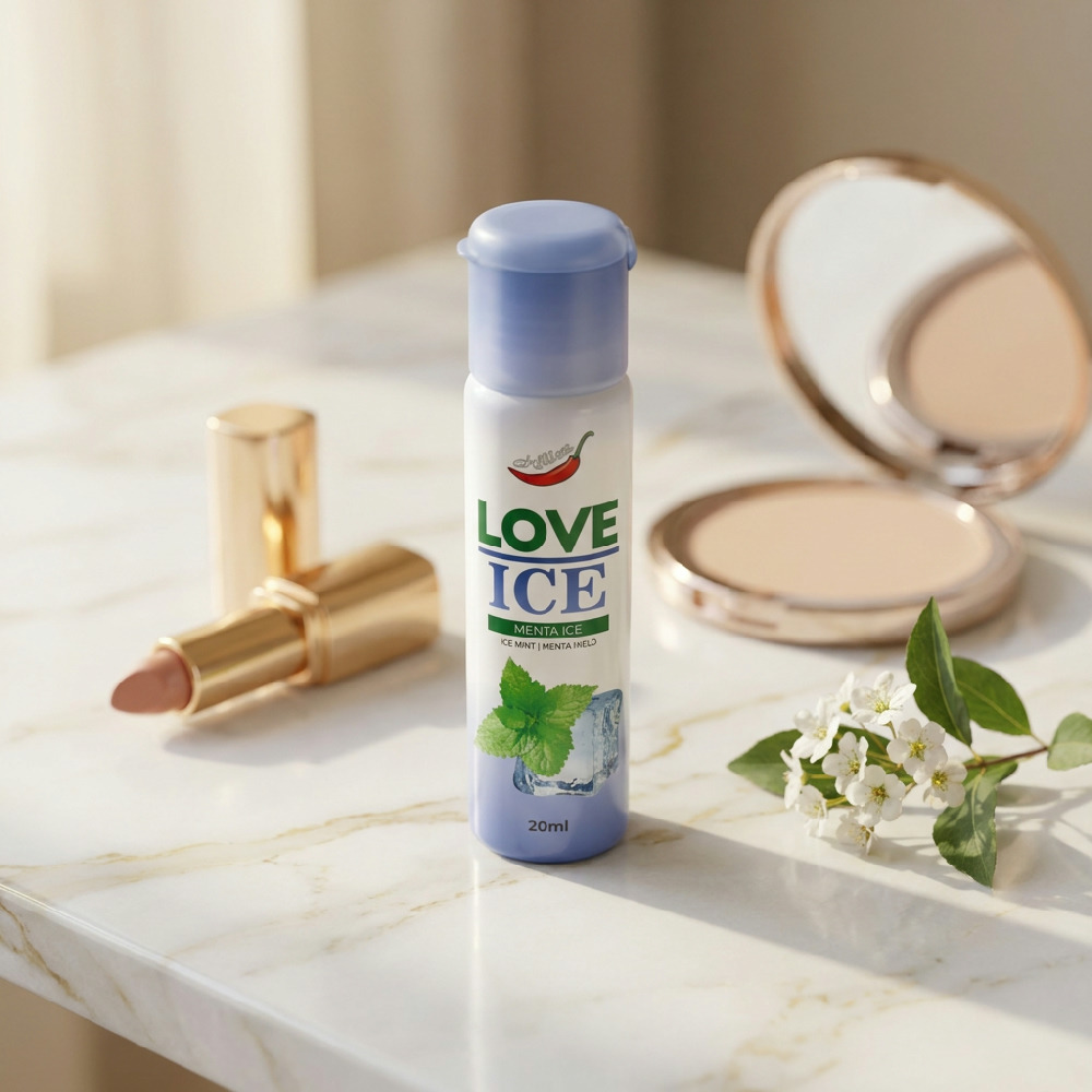 �leo para Massagem Beij�vel Love Ice Menta 20ml em bancada de maquiagem, com batom e espelho, ambiente feminino