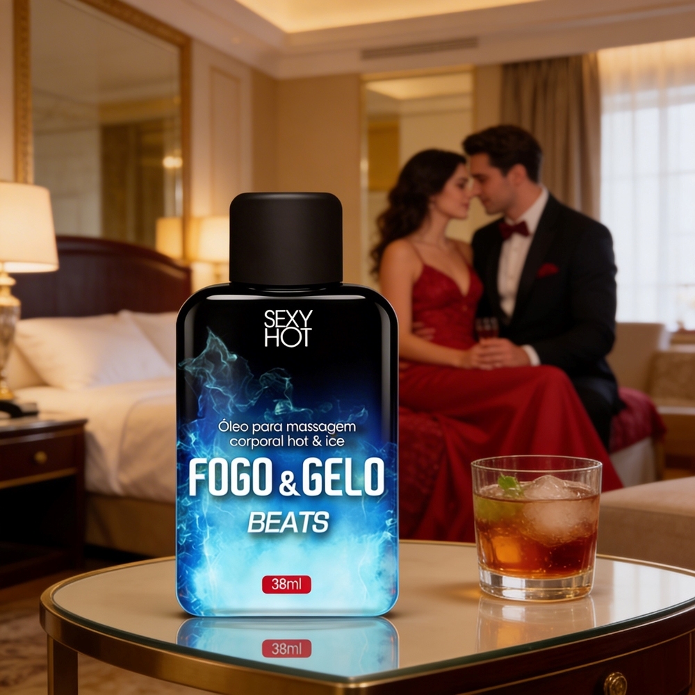�leo Fogo e Gelo Beats, frasco transparente com l�quido azul em contraste com chamas vermelhas, destaque para a tampa preta