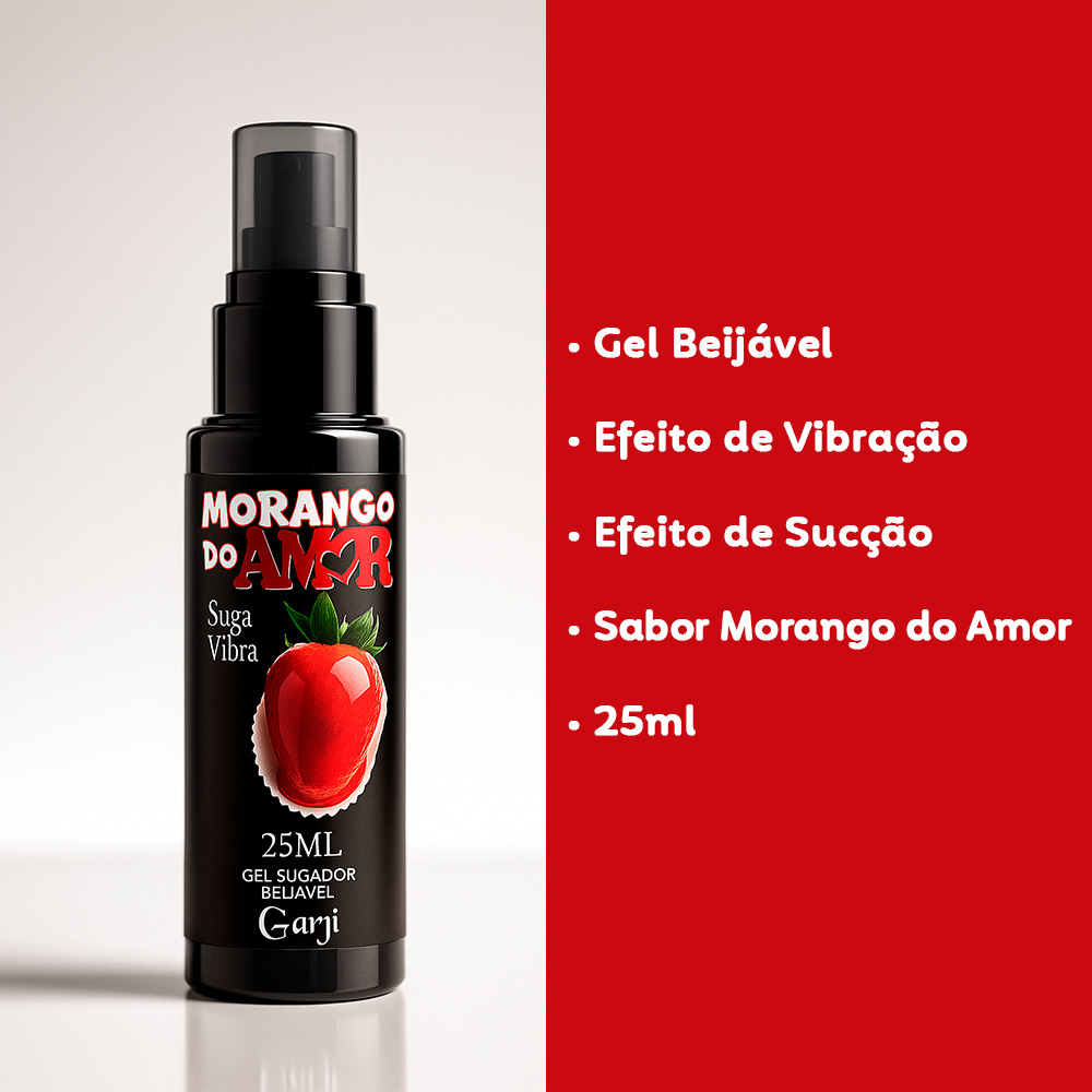 Vibrador L�quido Beij�vel Morango do Amor com texto detalhando Gel Beij�vel, Efeito de Vibra��o, Efeito de Suc��o, Sabor Morango do Amor e 25ml