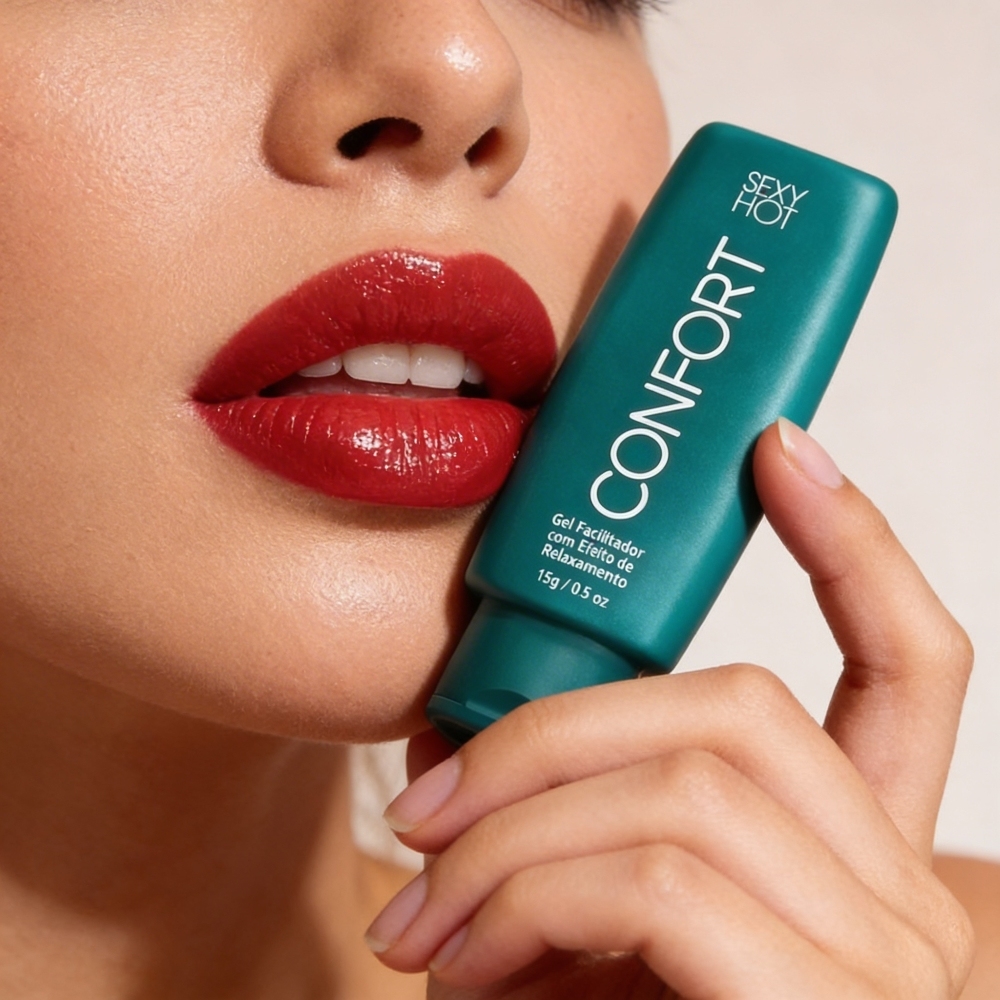 Embalagem do Gel para Massagem Corporal Confort Dessensibilizante Anal com informa��es sobre seus benef�cios: Aumenta o Prazer, Lubrifica��o Intensa e Longa Dura��o.