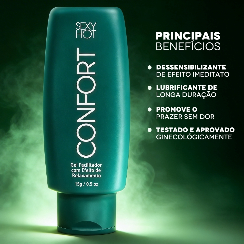 Embalagem do Gel para Massagem Corporal Confort Dessensibilizante Anal em um �ngulo inclinado, destacando o design pr�tico do frasco e a marca Sexy Hot.