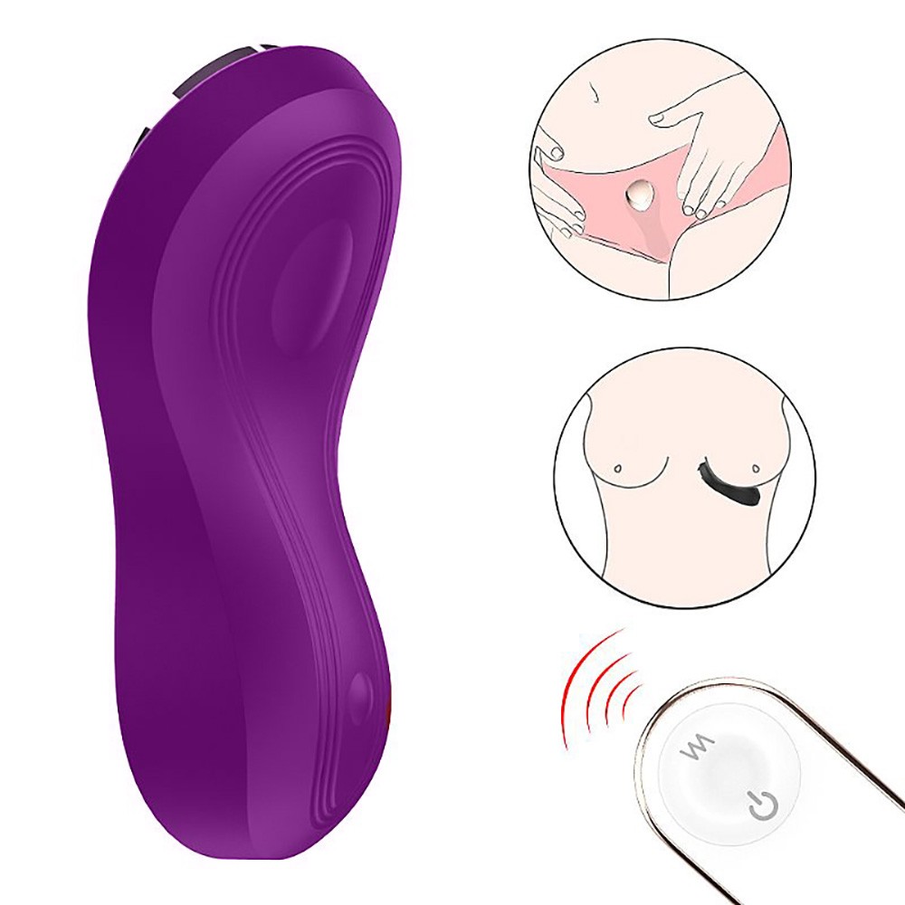 Vibrador para Clit�ris em Silicone Recarreg�vel 9 Vibra��es com Controle sem Fio Bell Roxo - Vista lateral do vibrador, controle remoto e diagrama de uso alternativo