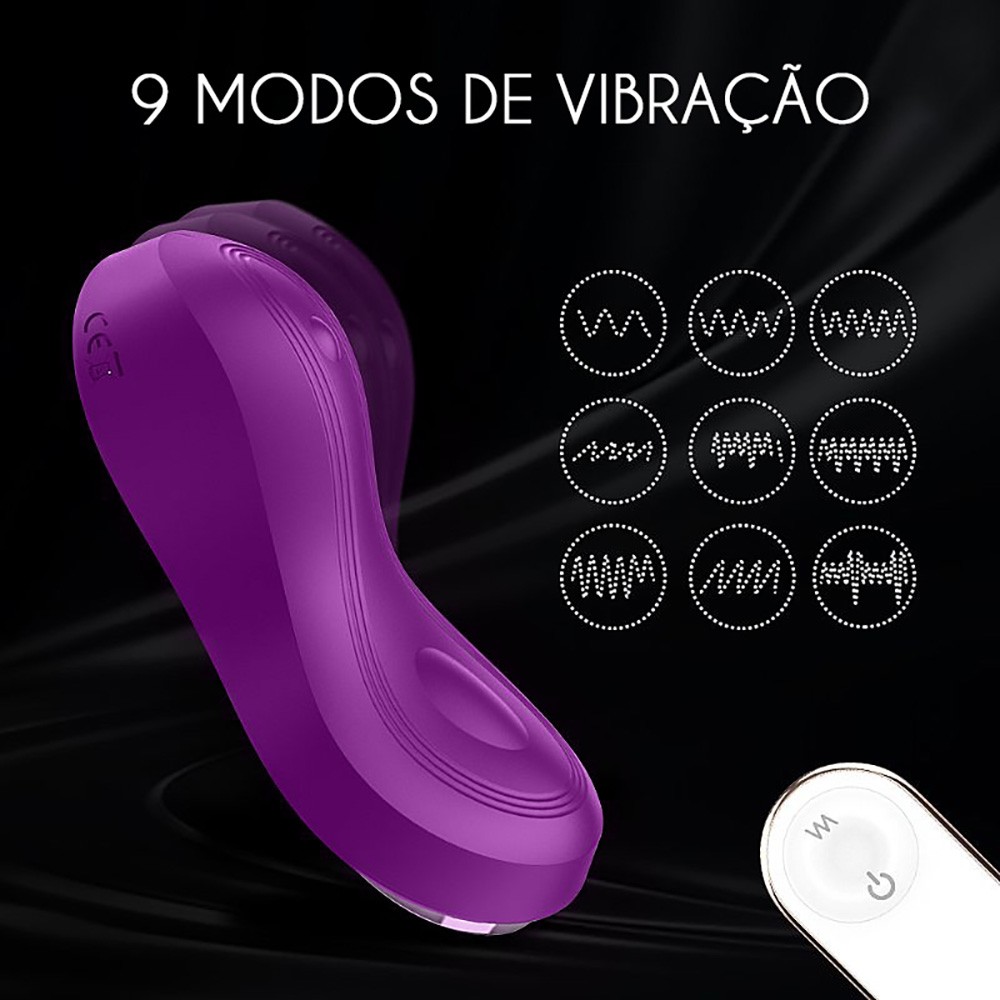 Vibrador para Clit�ris em Silicone Recarreg�vel 9 Vibra��es com Controle sem Fio Bell Roxo - Destaque para os 9 modos de vibra��o do vibrador em um fundo decorativo