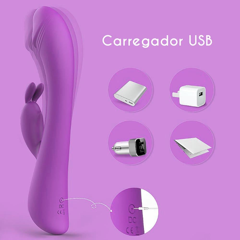 Detalhe do carregador USB do Vibrador Duplo Baby Bunny Roxo e como usar