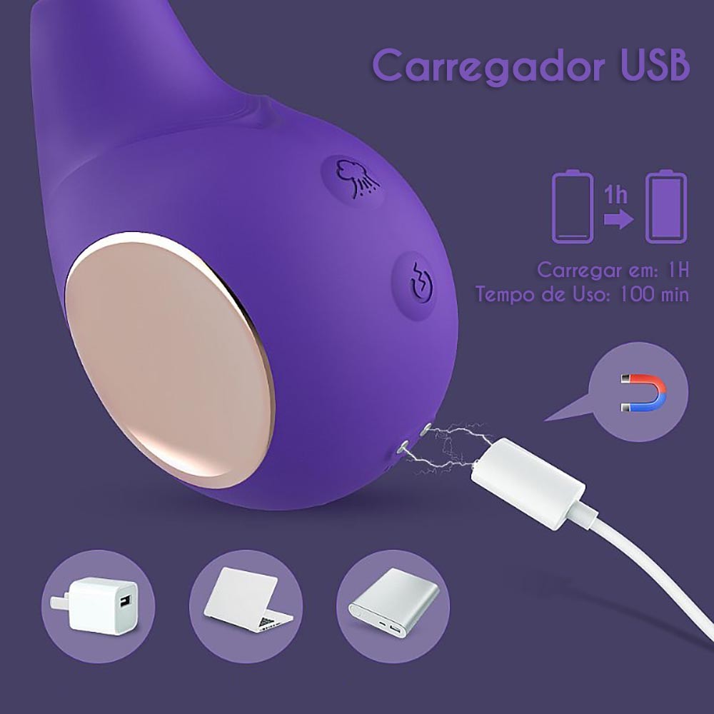 Vibrador Discreto em Silicone Recarreg�vel com 9 Vibra��es George Roxo - Detalhe do carregamento USB magn�tico, tempo de carga e uso.