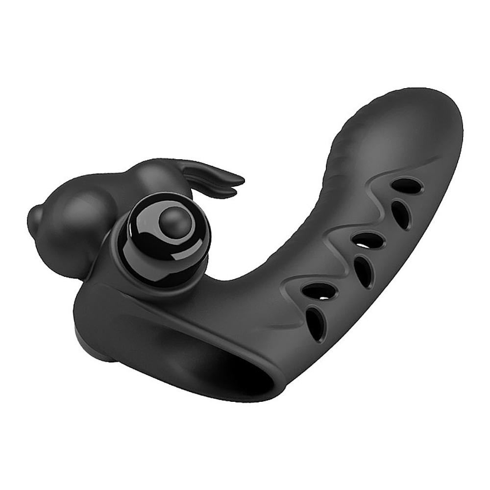 Dedeira Estimuladora Honey Finger Preta, vista diagonal superior destacando a �rea de estimula��o e o bot�o de controle