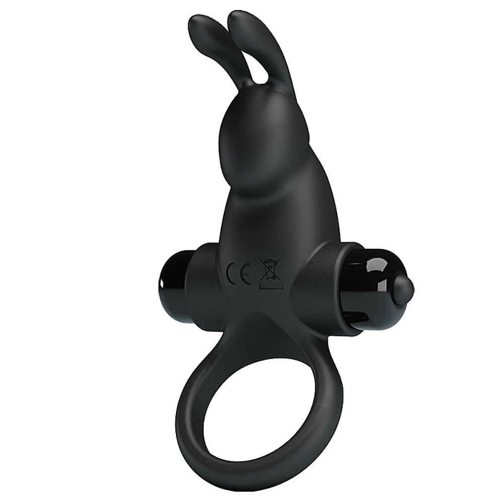 Anel peniano preto de silicone com formato de coelho, vista lateral com anel e vibrador