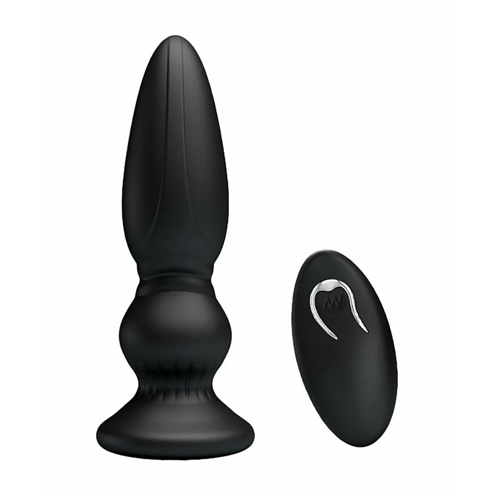Plug Anal Mr Play Preto e controle remoto sem fio, lado a lado, mostrando o design ergon�mico e o material de silicone.