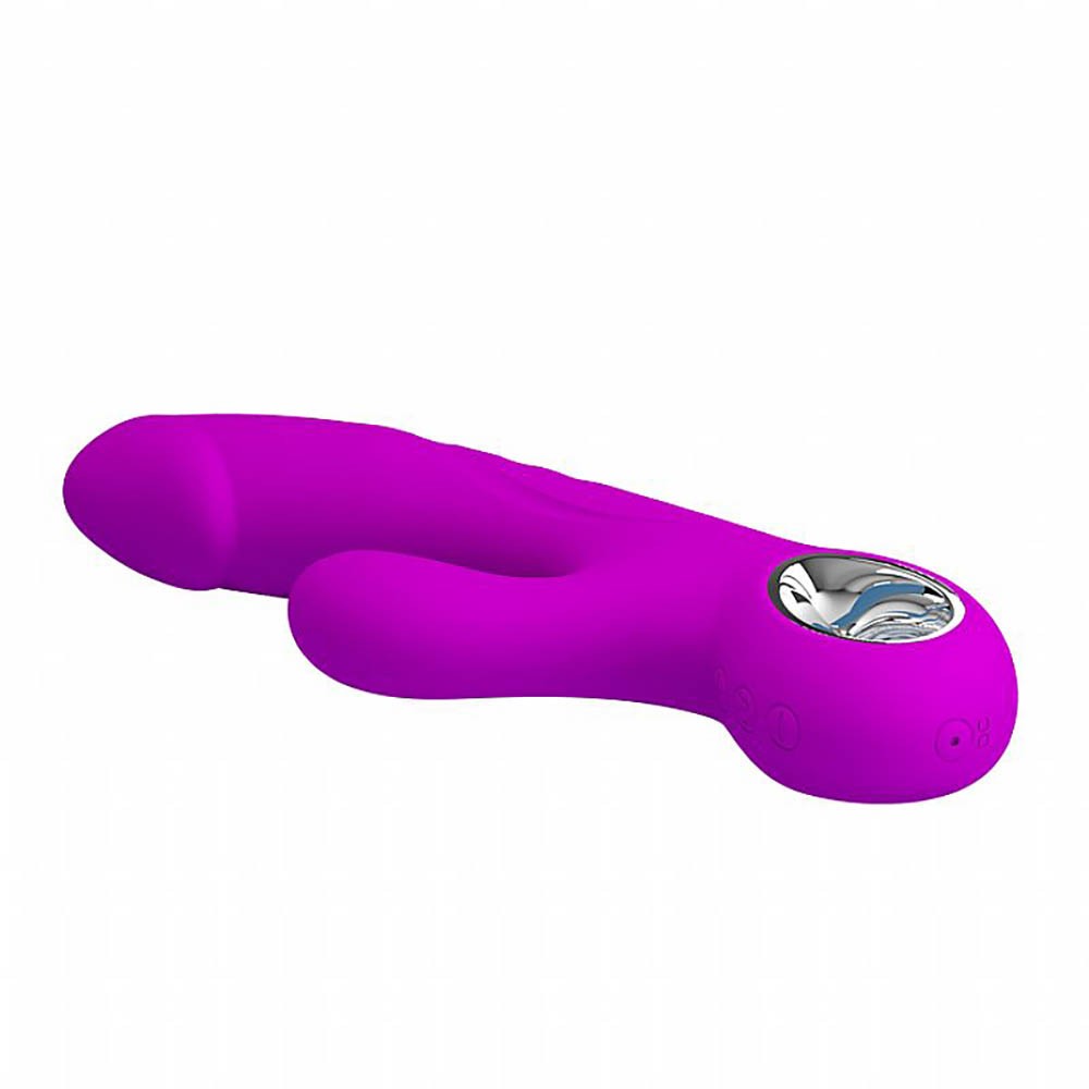 Vibrador Duplo Gordon Pink, vista superior, com foco na ponta estimuladora e na haste para ponto G