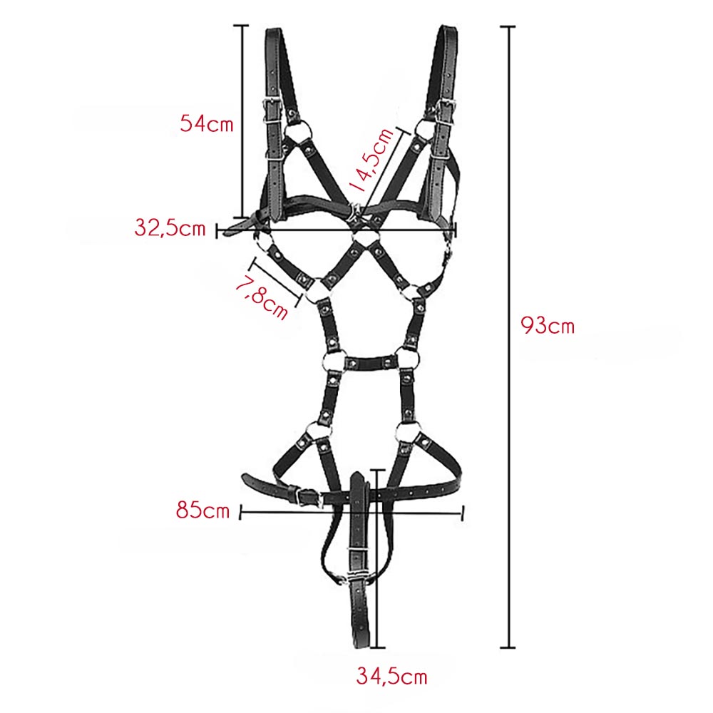 Vista traseira do Body Fetiche Feminino Sado, mostrando o design das tiras e o caimento no corpo