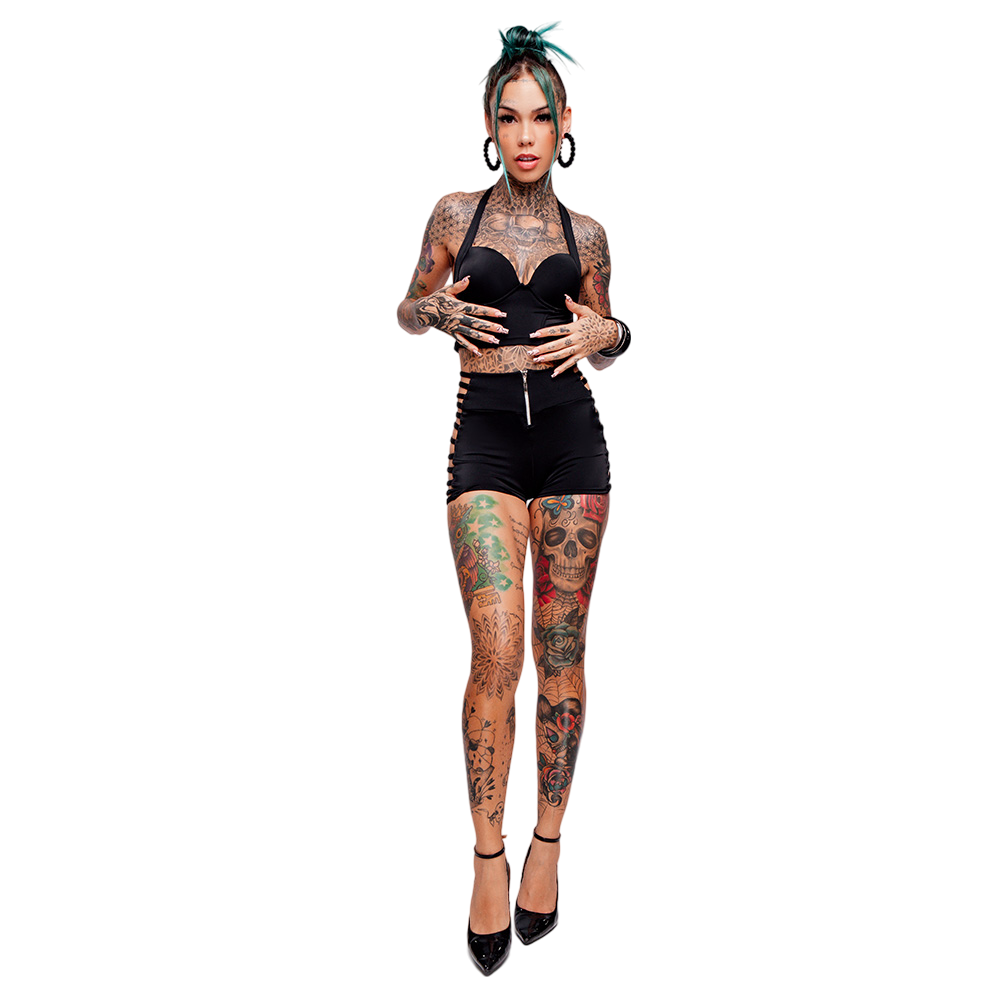 Vista geral do conjunto sensual sexy preto em suplex, ideal para looks provocantes