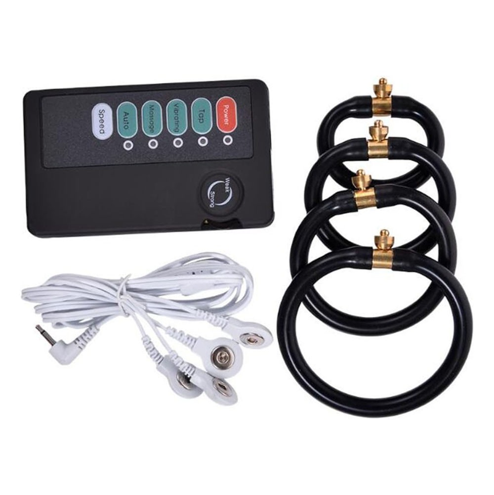 Conjunto de Anel Peniano com Est�mulo El�trico Preto e controlador, com os an�is conectados pelos fios