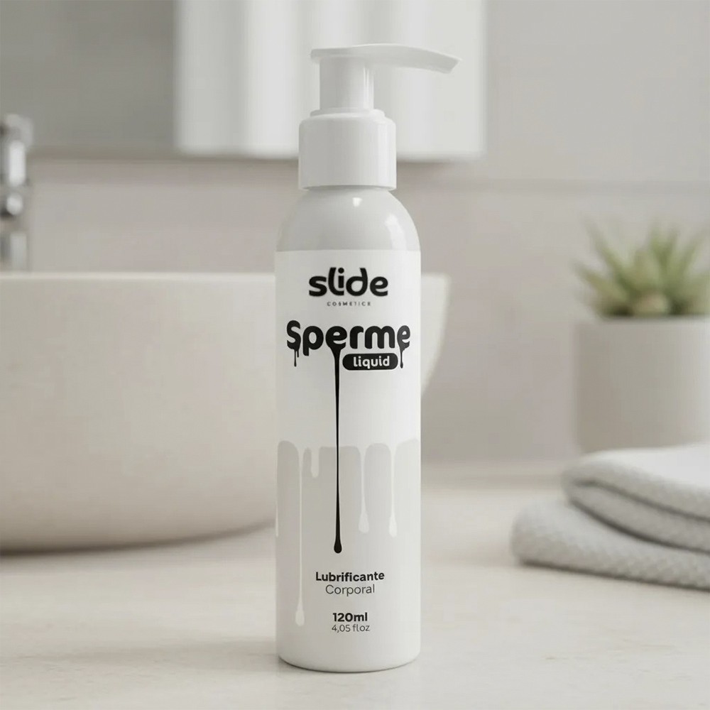 Lubrificante imitando s�men da Slide Cosmetics sendo dispensado de um frasco com pump