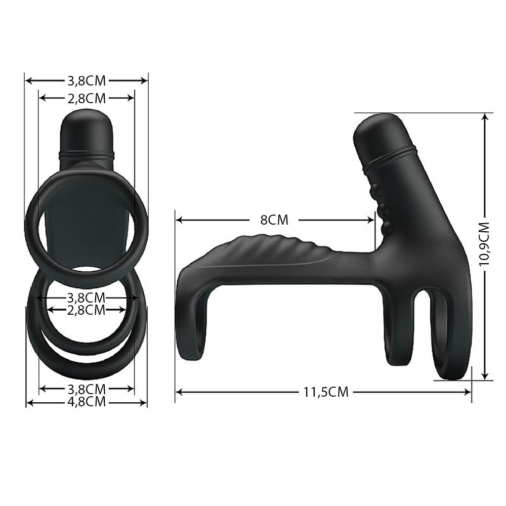 Anel Peniano e Escrotal Vibrat�rio Preto, vista da parte interna e an�is mostrando a flexibilidade do silicone