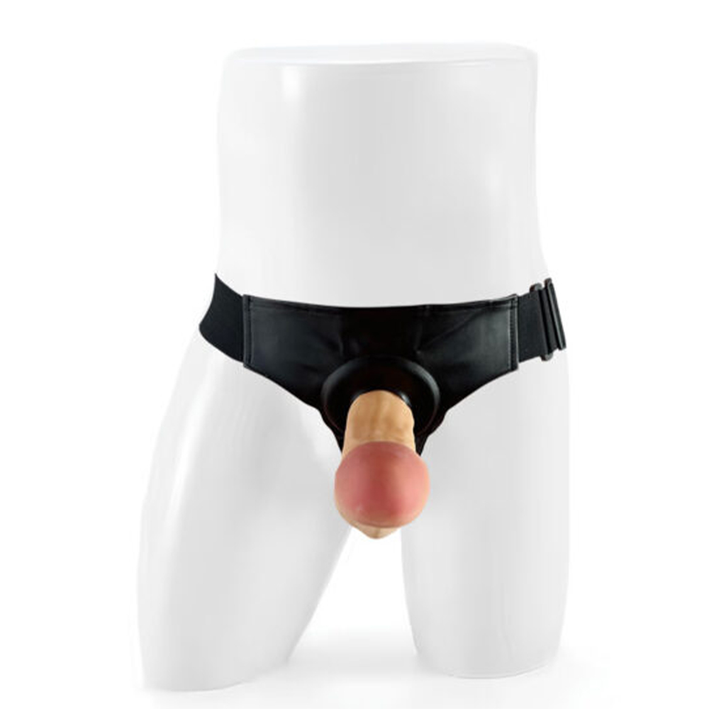 Capa peniana bege com extensor de 8cm e cinta, vista frontal em manequim, mostrando ajuste seguro.