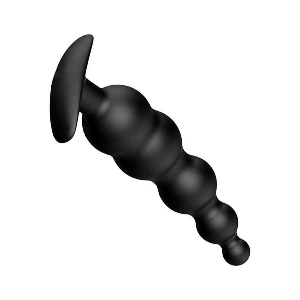 Plug Anal de Silicone com Esferas Preto, vista obl�qua da base e corpo, mostrando a flexibilidade do material
