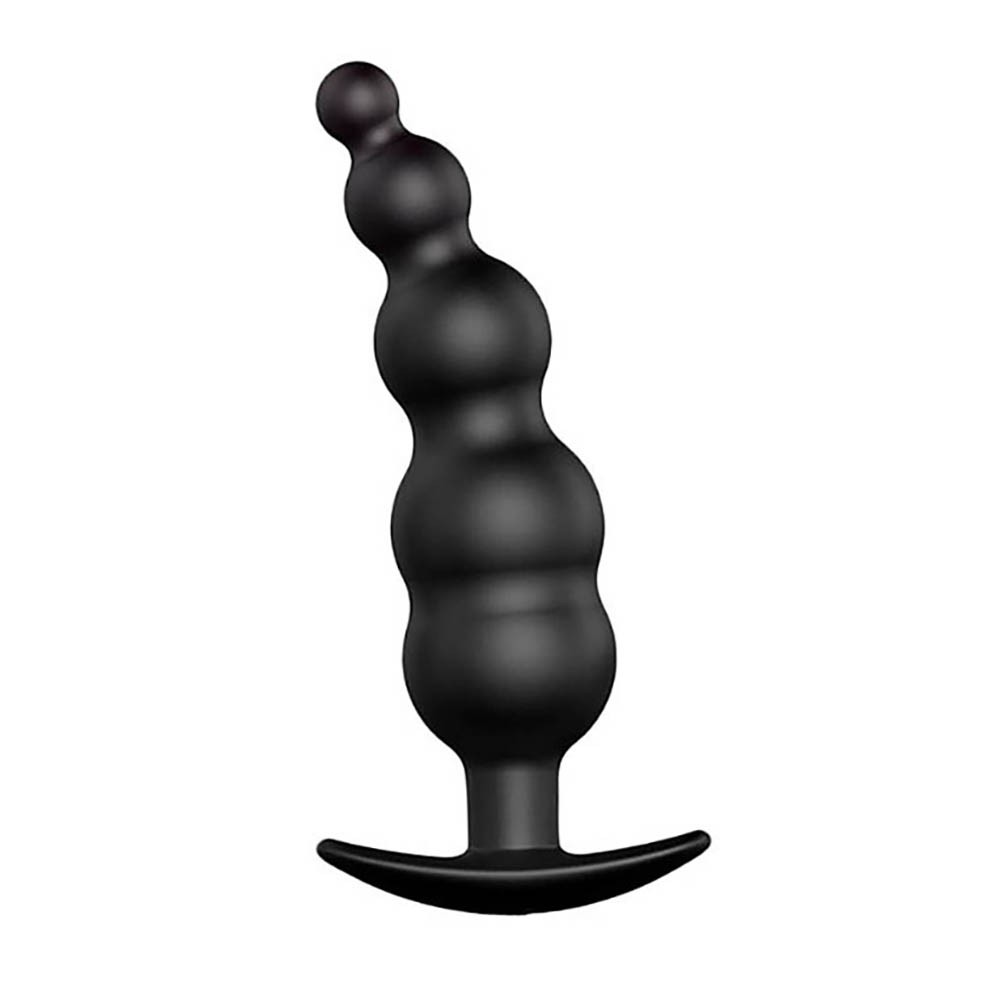 Plug Anal de Silicone Preto com Esferas em detalhe da textura e formato ergon�mico