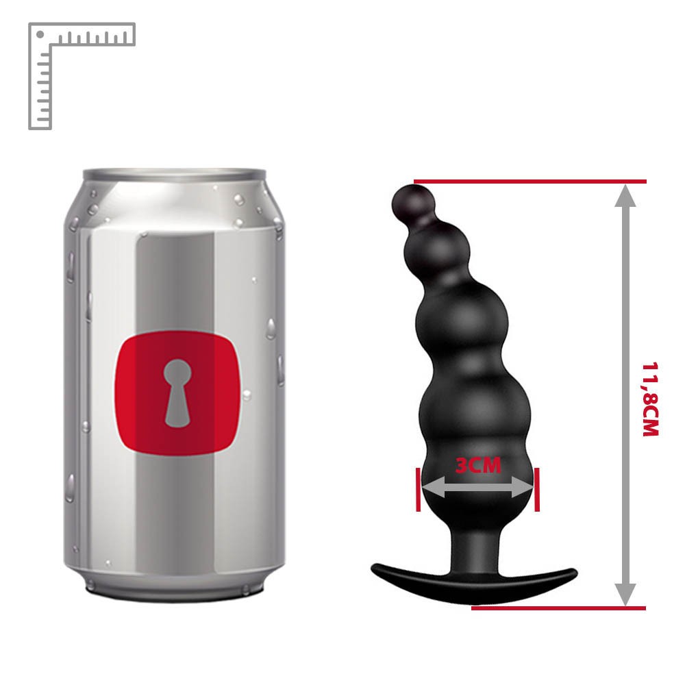 Plug Anal de Silicone com Esferas Preto, vista diagonal do corpo do plug e a ponta para inser��o