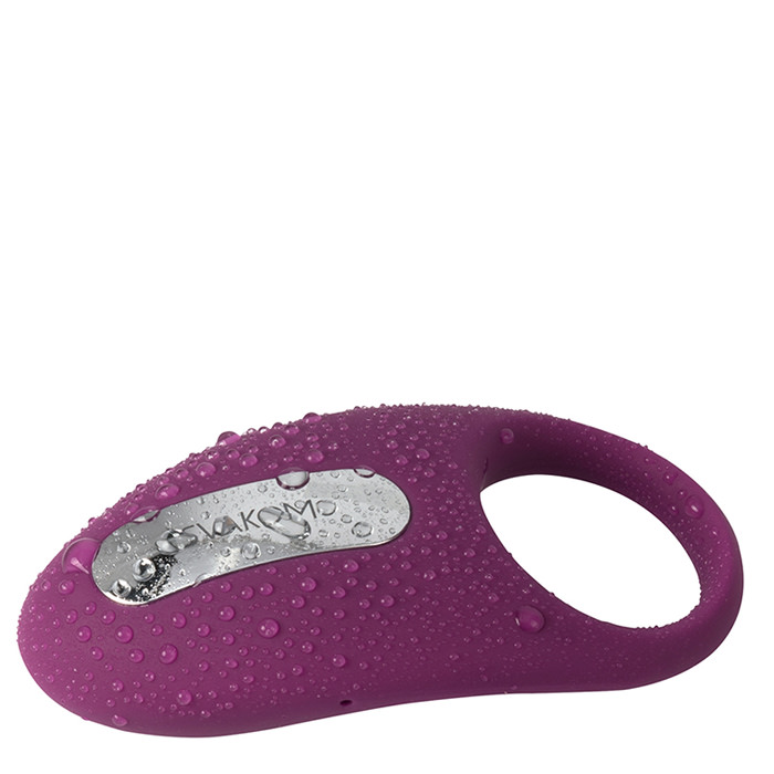 Anel Peniano Winni com Vibro e 5 Vibra��es Roxo | Vista lateral com gotas d'�gua