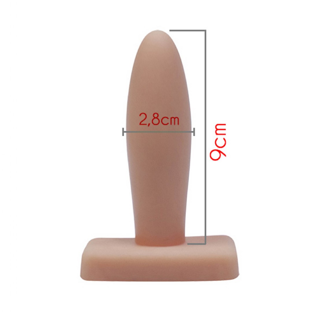 Plug anal b�sico bege em PVC flex�vel, em vista traseira, destacando a base de seguran�a em formato T