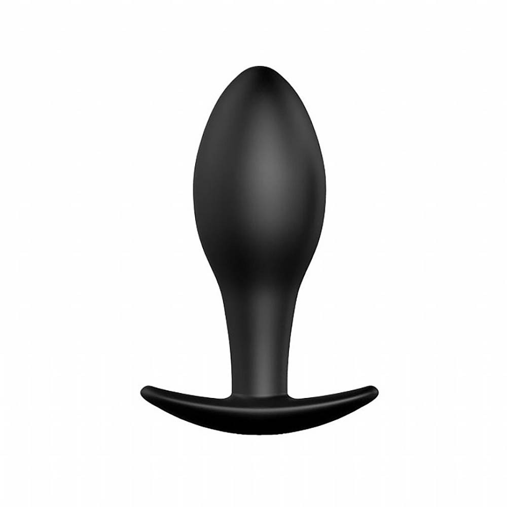 Plug anal em silicone preto com base de seguran�a em vista frontal sobre fundo branco