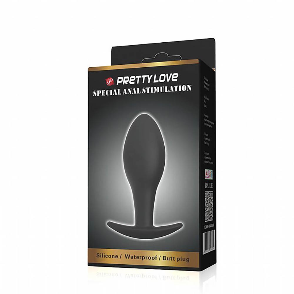 Plug anal em silicone preto posicionado de lado, mostrando a curvatura e a ponta afilada