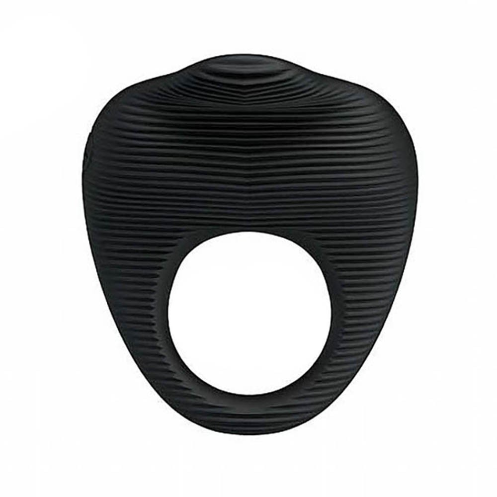 Vista frontal do anel peniano vibrat�rio em silicone preto, mostrando o design do anel e do estimulador