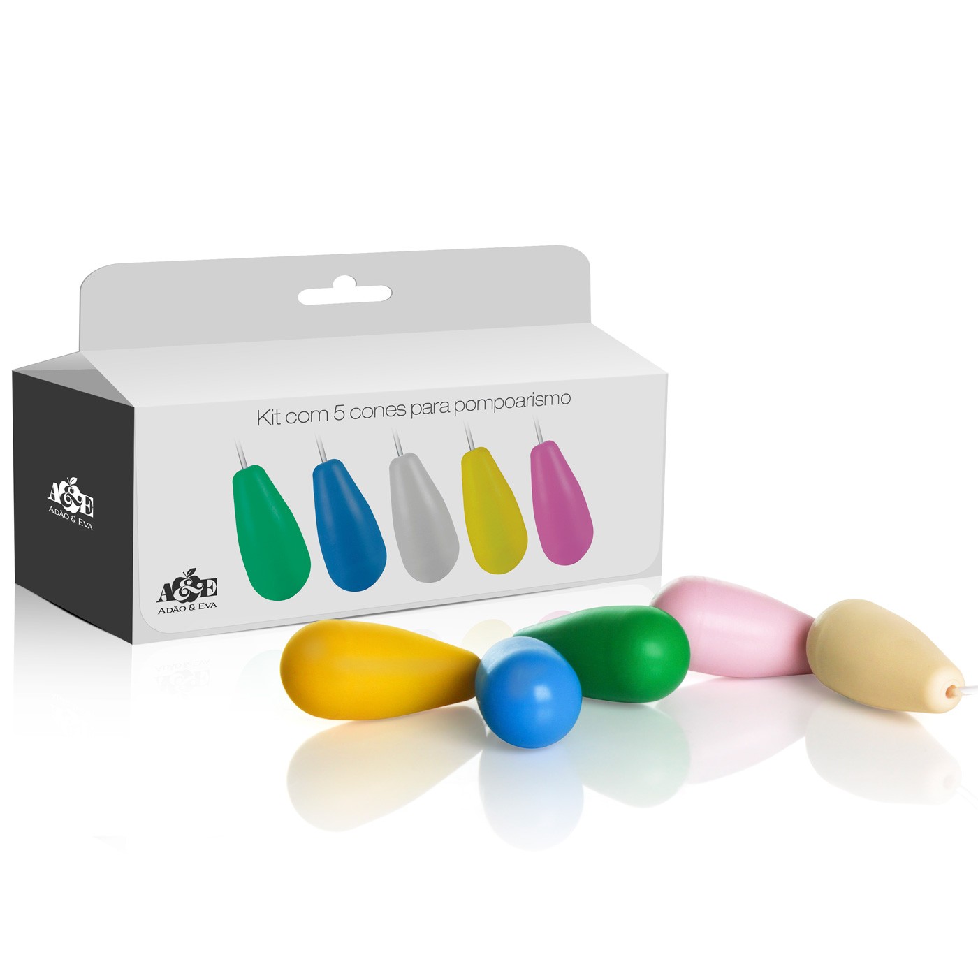 Caixa do Kit com 5 Cones para Pompoarismo com cones de diferentes cores ao lado, mostrando a embalagem e o produto