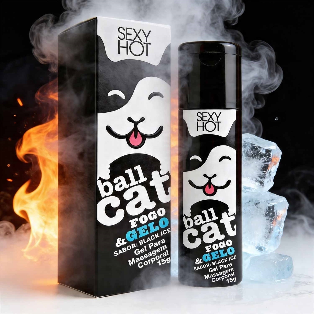 Vista aproximada do Gel Beij�vel Fogo e Gelo Black Ice Ball Cat em sua embalagem, mostrando detalhes do r�tulo e informa��es do produto