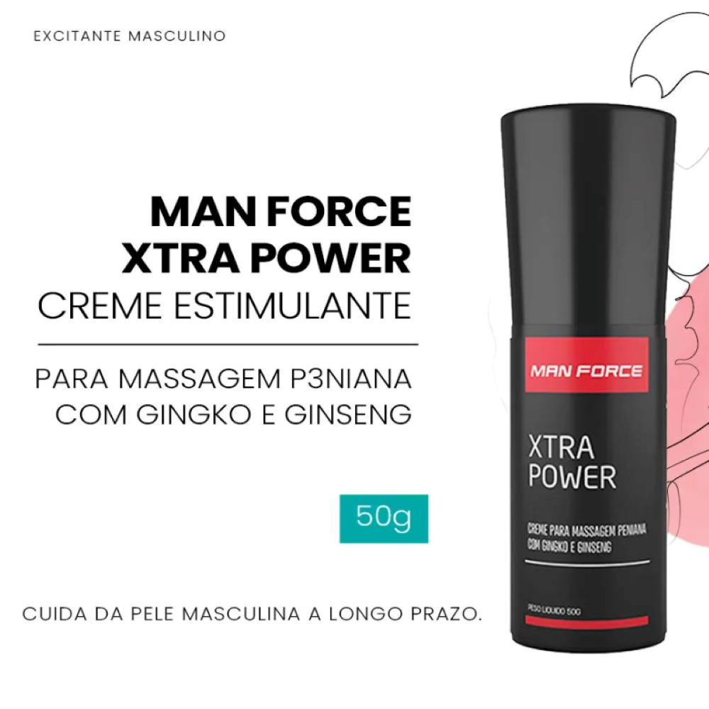 Lo��o para Masturba��o XTRA Power Man Force na imagem de um material publicit�rio com a descri��o 'Creme Estimulante para massagem P3niana com Gingko e Ginseng' e o peso '50g', cuidando da pele masculina a longo prazo.