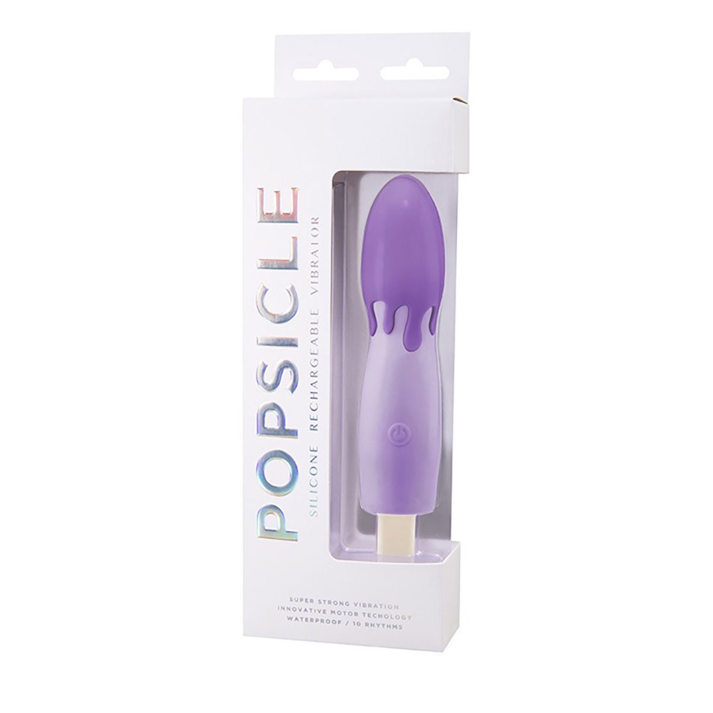 Vibrador Discreto em Silicone Formato de Sorvete Roxo em vista da lateral, com detalhes do bot�o de ligar/desligar