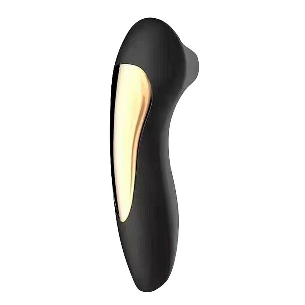 Vibrador para Clit�ris Recarreg�vel em Silicone com 10 Pulsa��es Preto, vista lateral destacando detalhe dourado elegante