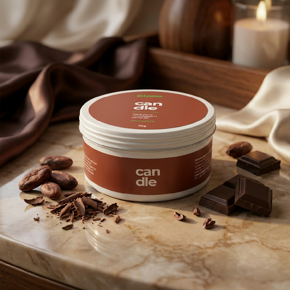 Vela para Massagem Sensual Hidratante Beij�vel Aroma e Sabor Chocolate Candle Love 70g em detalhe de sua embalagem com informa��es e marca 'Olove Candle'
