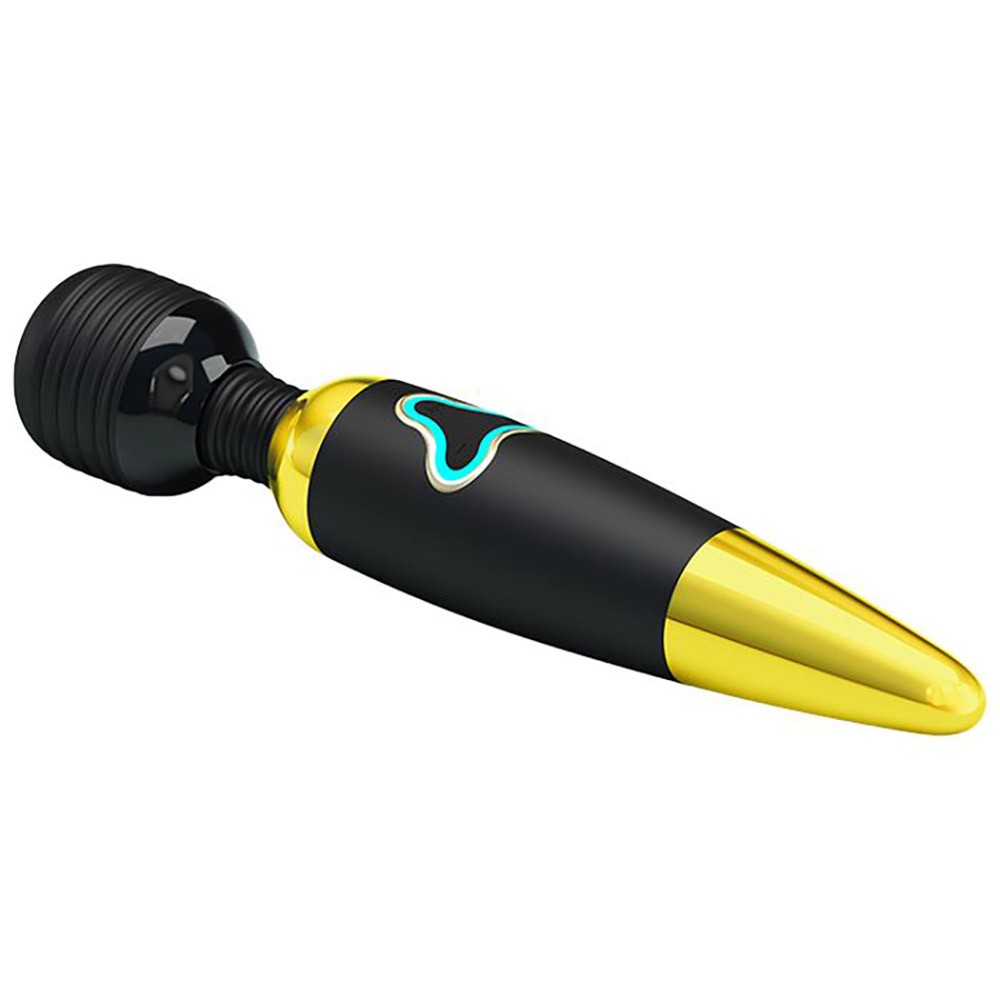 Massageador Body Wand Dourado, vista frontal detalhada, com a cabe�a flex�vel e bot�o de controle.