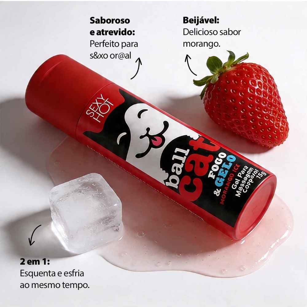 produto | Foto 03 - Gel Ball Cat Fogo e Gelo Morango com morango e cubo de gelo destacando caracter�sticas