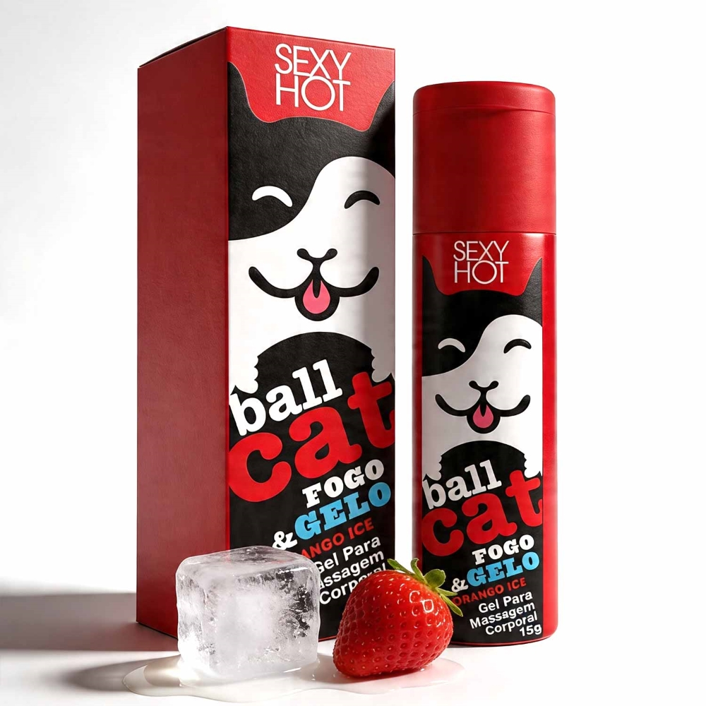 Detalhe do frasco do Gel Ball Cat Fogo e Gelo Morango, focado na embalagem com o design do gato e a marca Sexy Hot