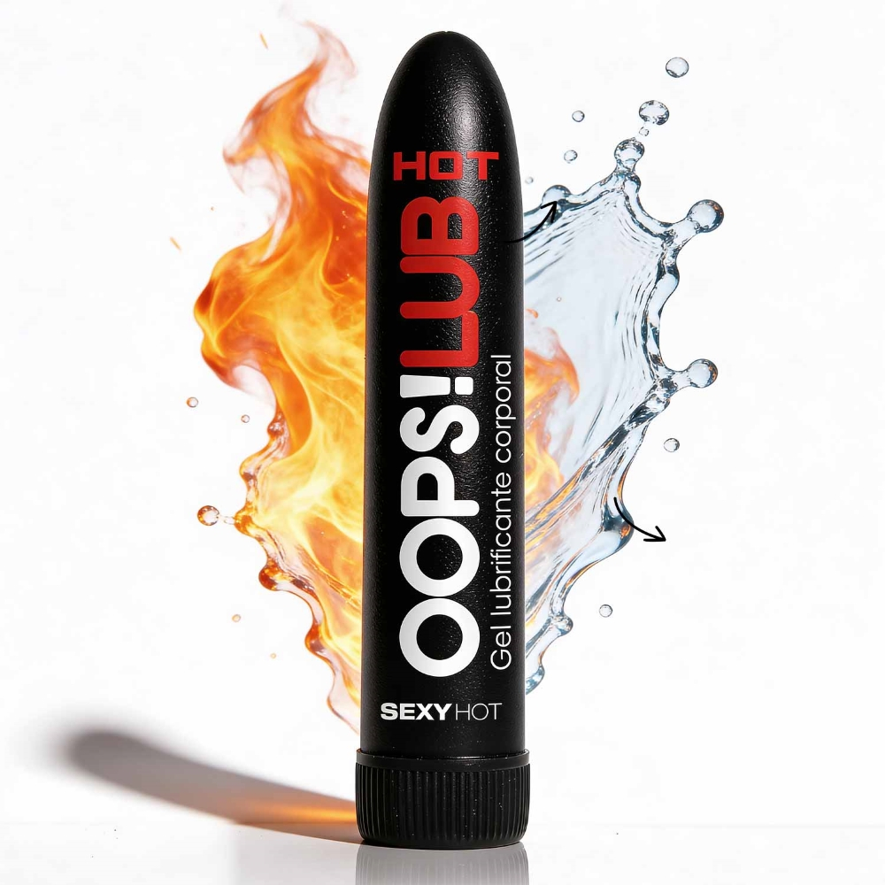 Gel Lubrificante Oops! Hot com efeito de fogo e �gua ao fundo, mostrando a intensidade do efeito quente