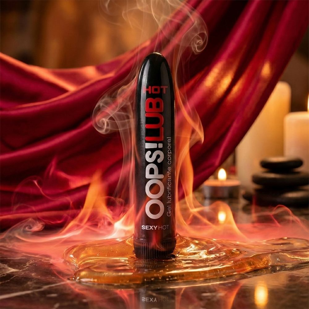 Frascos do Gel Lubrificante Oops! Hot em composi��o com o logo Sexy Hot, refor�ando a marca