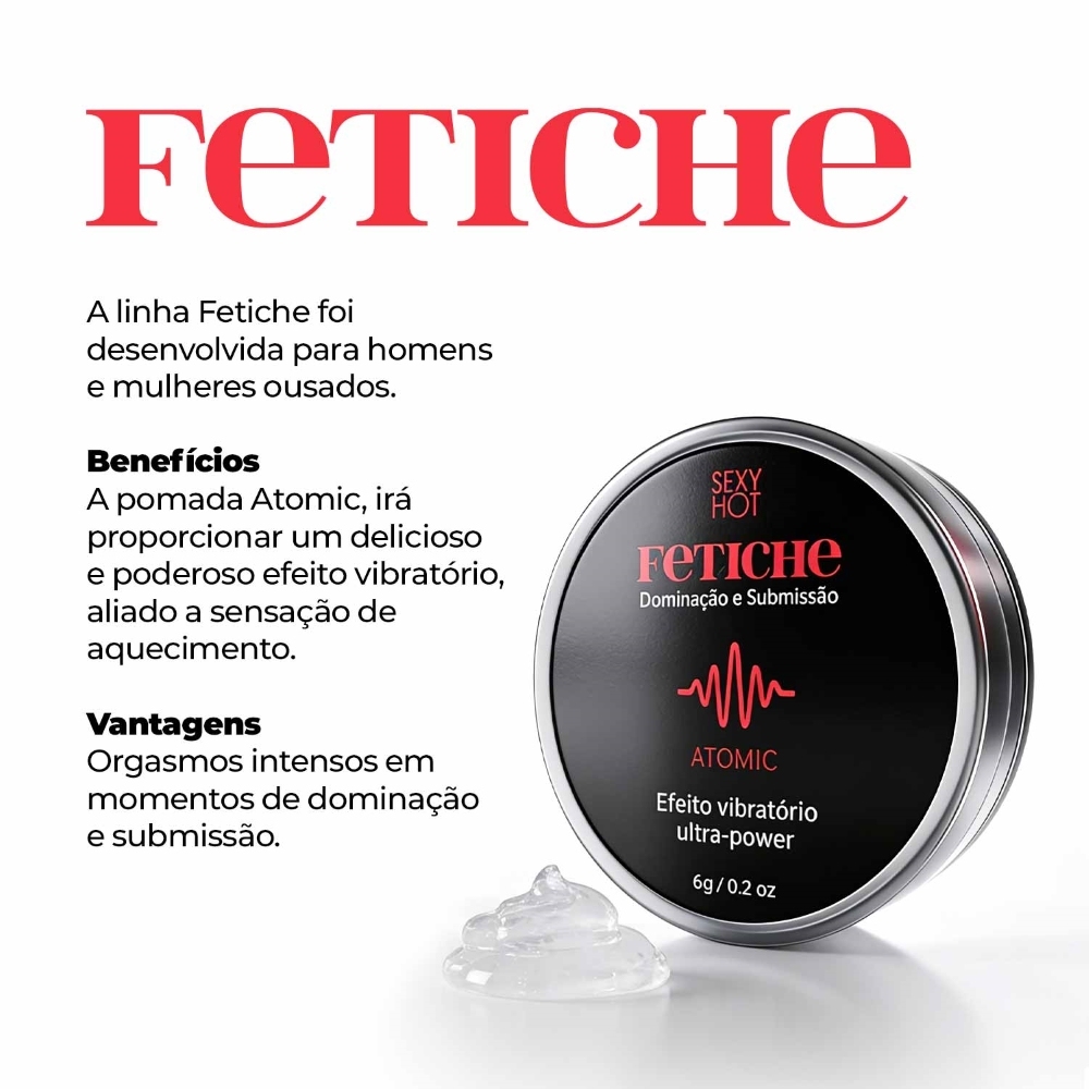 Embalagem do Gel Excitante Atomic com benef�cios e vantagens destacadas, como efeito vibrat�rio ultra-power e orgasmos intensos